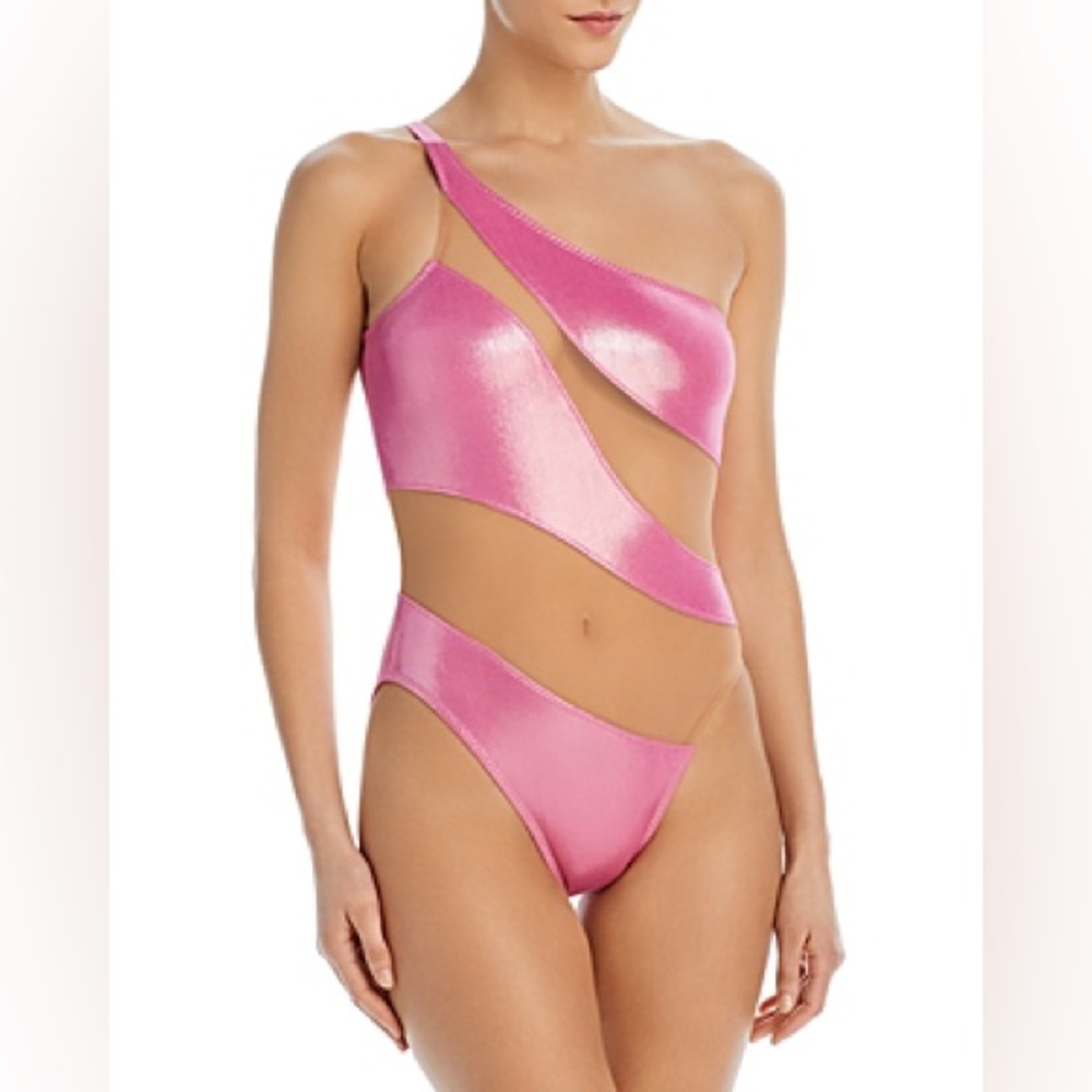 NEW Norma Kamali Candy Pink Metallic Snake Mesh One Shoulder Swimsuit XL Barbie